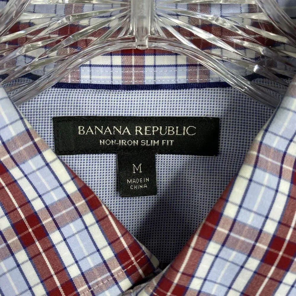 Banana Republic Mens Shirt Sz M Non Iron Slim Fit Red Blue Plaid Button Down